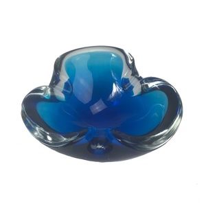 Vintage Glass Jewelry Bowl Mid Century Cobalt